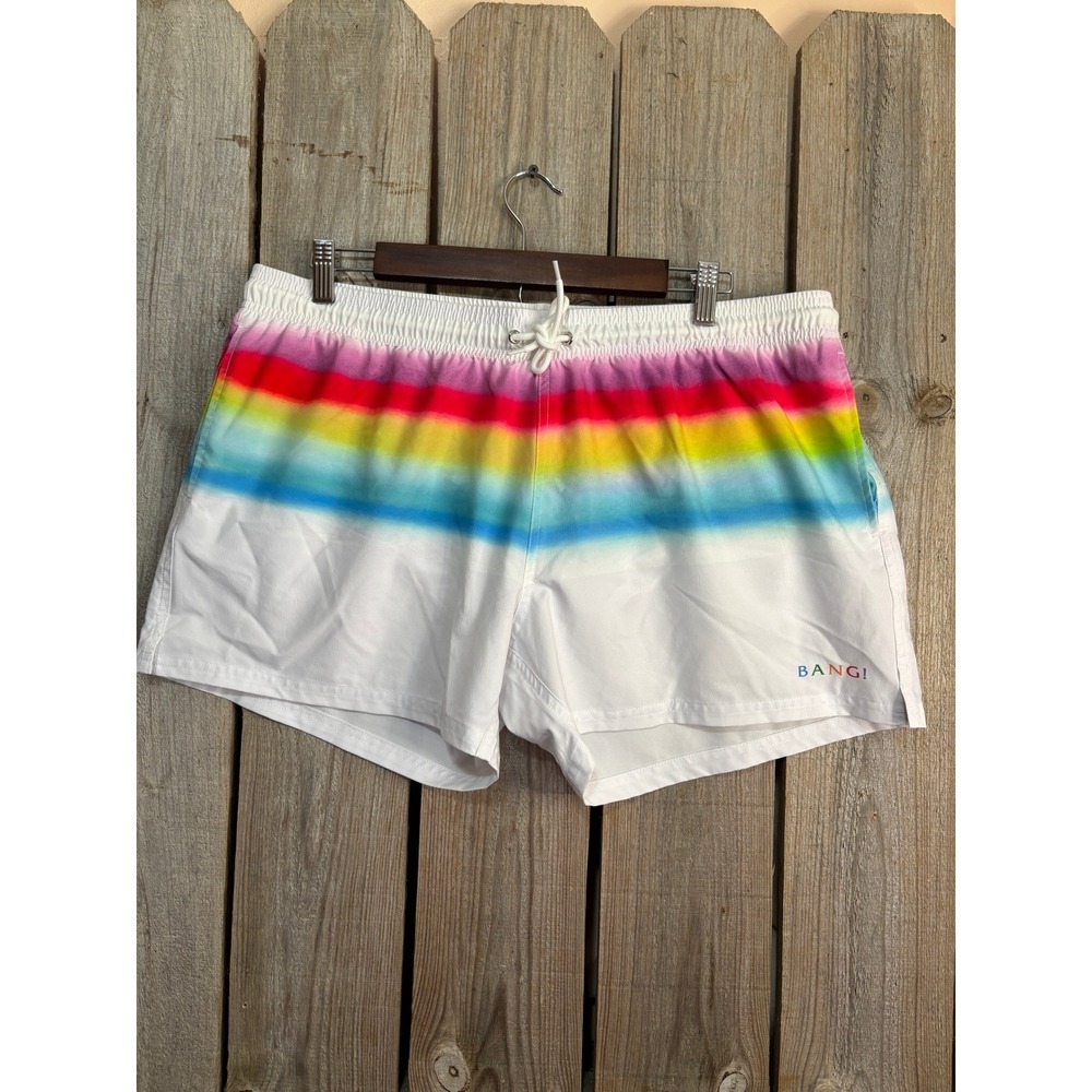 Bang! Miami Mens Rainbow Striped Swim Trunks White Multicolor Pride Shorts 3XL